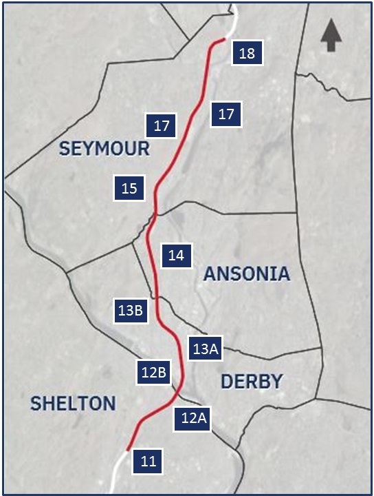 THIS IS THE ALT TEXT Map of the Route 8 Design Build Project Limits from Exit 11 in Shelton to Exit 18 in Seymour, CT